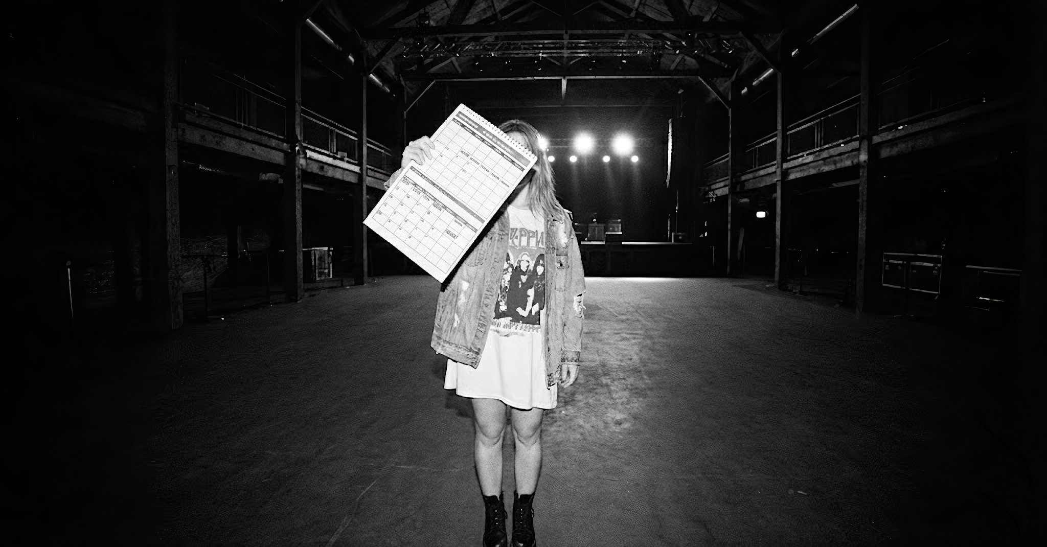 Person standing in a music venue with a calendar